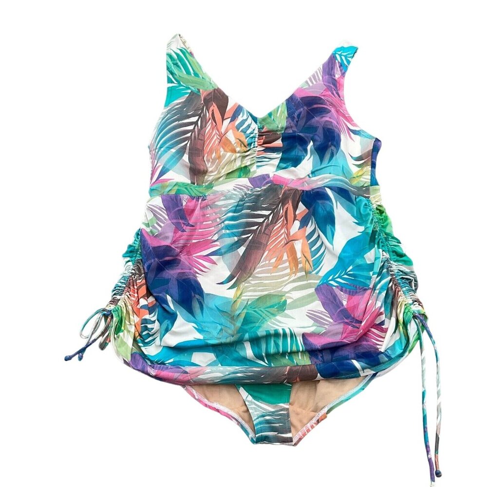 Cacique SWIM Suit Women 20 Pink Blue Palm Tropical Modest‎ Layer Bra 1pc